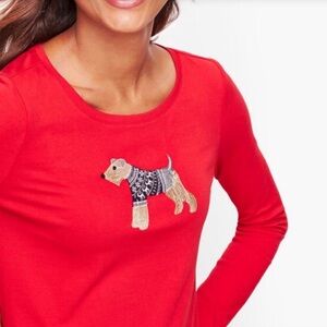 Talbots Red Long Sleeved Terrier Dog Embroidered Holiday Chirstmas Top Size XLp